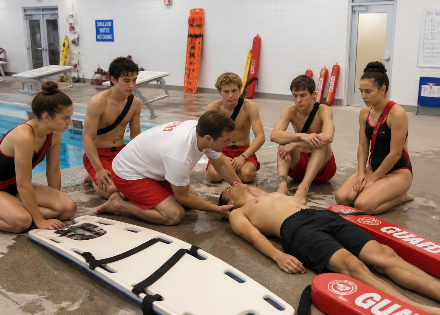 Instructor demonstrating a rescue skill to lifeguard certification students beside a pool